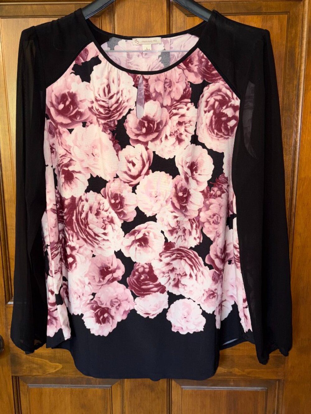 Dressbarn Floral Mixed Media Blouse Black Sheer Chiffon Long Sleeve Keyhole L